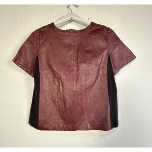 Halogen Womens Leather & Knit Short Sleeve Top Size Large Petite Burgundy Black
